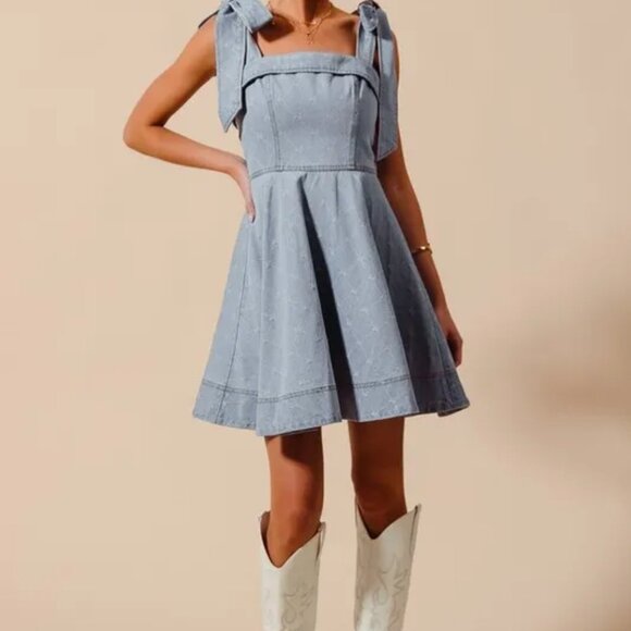 ✨NWT SO ME A Line Fit and Flare‎ Diamond Bow Ribbon Denim Dres - Picture 9 of 10